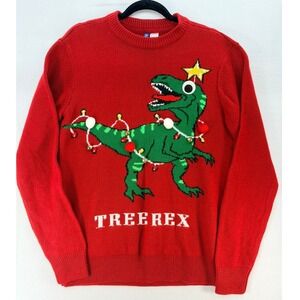 H&M Divided Mens Sm Red Tree Rex Dinosaur Ugly Christmas Sweater Pom Jingle Bell